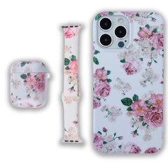 Комплект Beautiful Flowers для iPhone 13 PRO MAX + Ремінець для Apple Watch 42/44/45 mm + Чохол для AirPods 1|2 Ніжні троянди