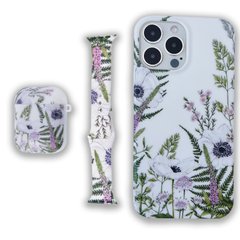 Комплект Beautiful Flowers для iPhone 12 PRO MAX + Ремінець для Apple Watch 38/40/41 mm + Чохол для AirPods 1|2 Лаванда