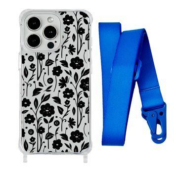 Чехол прозрачный с ремешком Print Flower для iPhone 13 Floral Black/Blue - ash-mobile.com.ua - фото 1