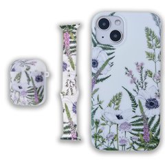 Комплект Beautiful Flowers для iPhone 13 + Ремінець для Apple Watch 38/40/41 mm + Чохол для AirPods 1|2 Лаванда