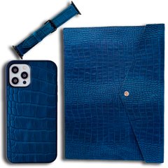 Комплект из натуральной кожи для iPhone 12 PRO MAX + Ремешок для Apple Watch 42/44/45 mm + Конверт для MacBook 13.3 Blue
