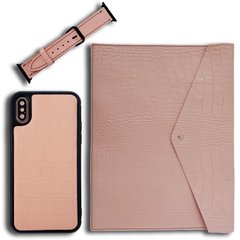 Комплект з натуральної шкіри для iPhone XS MAX + Ремінець для Apple Watch 42/44/45 mm + Конверт для MacBook 13.3 Pink Sand