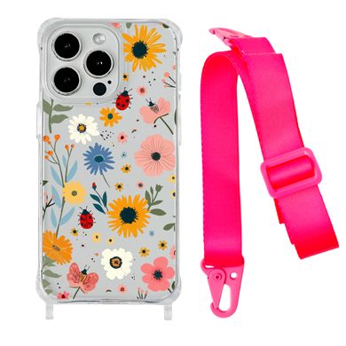 Чохол прозорий з ремінцем Print Flower для iPhone 13 Sunflower/Hot Pink - ash-mobile.com.ua - фото 1