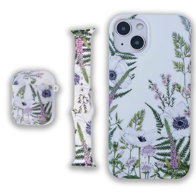 Комплект Beautiful Flowers для iPhone 13 + Ремінець для Apple Watch 42/44/45 mm + Чохол для AirPods 1|2 Лаванда