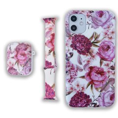 Комплект Beautiful Flowers для iPhone 11 + Ремінець для Apple Watch 42/44/45 mm + Чохол для AirPods 1|2 Півонії