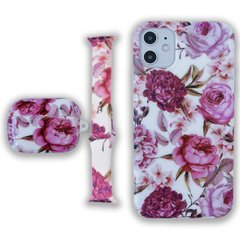 Комплект Beautiful Flowers для iPhone 11 + Ремінець для Apple Watch 38/40/41 mm + Чохол для AirPods PRO Півонії