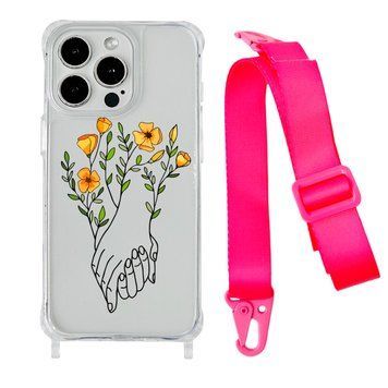 Чохол прозорий з ремінцем Print Leaves для iPhone 14 Plus Hands Flower/Hot Pink - ash-mobile.com.ua - фото 1