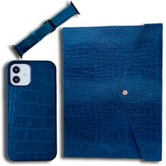 Комплект из натуральной кожи для iPhone 12 + Ремешок для Apple Watch 38/40/41 mm + Конверт для MacBook 13.3 Blue