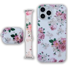 Комплект Beautiful Flowers для iPhone 12 PRO + Ремінець для Apple Watch 42/44/45 mm + Чохол для AirPods PRO Ніжні троянди
