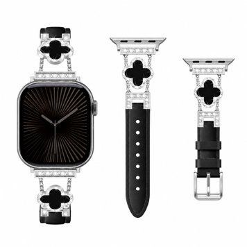 Ремешок Leather Van Cleef для Apple Watch 38mm | 40mm | 41mm | 42mm (10 | 11 series) Black/Silver - ash-mobile.com.ua - фото 1