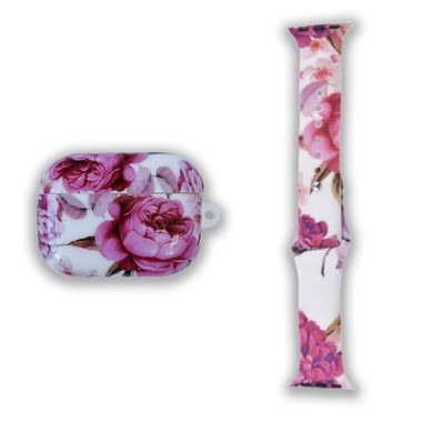 Комплект Beautiful Flowers: Ремешок для Apple Watch 38/40/41 mm + Чохол для AirPods PRO Пионы