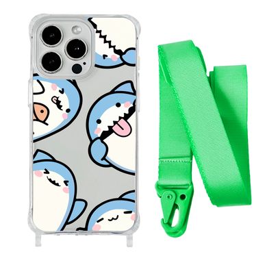 Чохол прозорий з ремінцем Print Shark для iPhone 15 PRO Shark More/Lime Green - ash-mobile.com.ua - фото 1