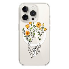 Чехол прозрачный Print Leaves with MagSafe для iPhone 14 PRO Hands Flower