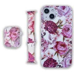Комплект Beautiful Flowers для iPhone 13 + Ремінець для Apple Watch 38/40/41 mm + Чохол для AirPods 1|2 Півонії