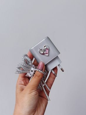 Захисний чохол для блоку ЗП + Кліпса + Пружинка для кабелю Heart Silver with Crystal - ash-mobile.com.ua - фото 2