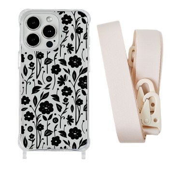 Чехол прозрачный с ремешком Print Flower для iPhone 14 PRO Floral Black/Antique White - ash-mobile.com.ua - фото 1