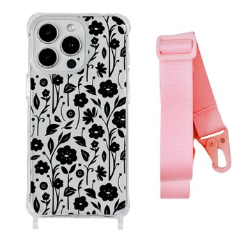 Чехол прозрачный с ремешком Print Flower для iPhone 14 PRO Floral Black/Pink - ash-mobile.com.ua - фото 1