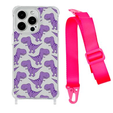 Чохол прозорий з ремінцем Print Dinosaur для iPhone 15 PRO Dinosaur/Hot Pink - ash-mobile.com.ua - фото 1