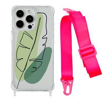 Чехол прозрачный с ремешком Print Leaves для iPhone 13 PRO MAX Green/Hot Pink - ash-mobile.com.ua - фото 1