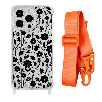 Чехол прозрачный с ремешком Print Flower для iPhone 7 | 8 | SE 2 | SE 3 Floral Black/Orange - ash-mobile.com.ua - фото 1