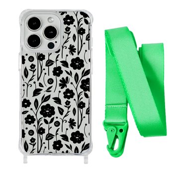 Чехол прозрачный с ремешком Print Flower для iPhone 14 PRO Floral Black/Lime Green - ash-mobile.com.ua - фото 1