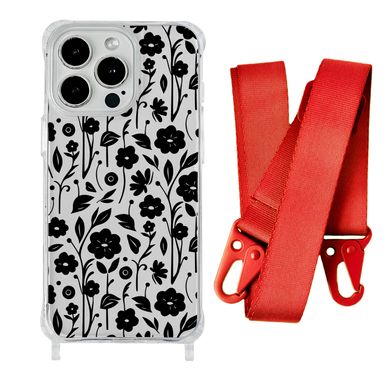 Чехол прозрачный с ремешком Print Flower для iPhone 14 PRO Floral Black/Red - ash-mobile.com.ua - фото 1