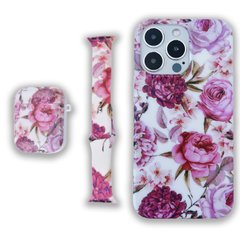 Комплект Beautiful Flowers для iPhone 13 PRO + Ремінець для Apple Watch 38/40/41 mm + Чохол для AirPods 1|2 Півонії