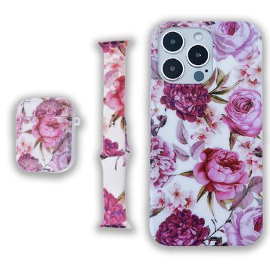 Комплект Beautiful Flowers для iPhone 13 PRO + Ремінець для Apple Watch 38/40/41 mm + Чохол для AirPods 1|2 Півонії