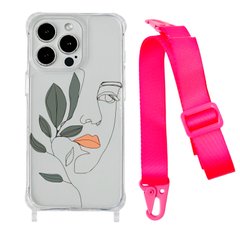 Чехол прозрачный с ремешком Print Leaves для iPhone XR Face/Hot Pink - ash-mobile.com.ua - фото 1