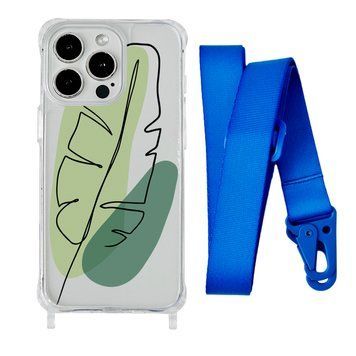 Чохол прозорий з ремінцем Print Leaves для iPhone 14 Plus Green/Blue - ash-mobile.com.ua - фото 1