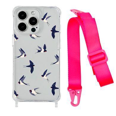 Чехол прозрачный с ремешком Print Happy Nice для iPhone 14 Plus Swallows/Hot Pink - ash-mobile.com.ua - фото 1