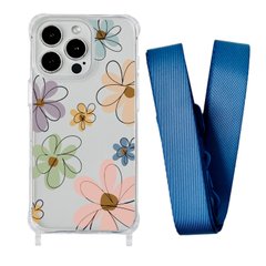 Чохол прозорий з ремінцем Print Flower для iPhone 15 Plus Spring Breeze/Blue Cobalt