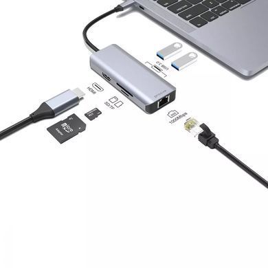 Перехідник для Macbook Type-C-Хаб Proove Iron Link 6 in 1 (2*USB3.0 + SD/TF + RJ45 + HDMI) Silver - ash-mobile.com.ua - фото 4
