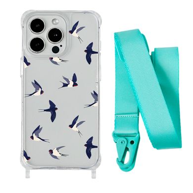 Чохол прозорий з ремінцем Print Happy Nice для iPhone 15 Plus Swallows/Spearmint - ash-mobile.com.ua - фото 1