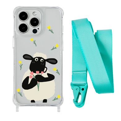 Чохол прозорий з ремінцем Print Happy Nice для iPhone 15 Plus Sheep/Spearmint - ash-mobile.com.ua - фото 1