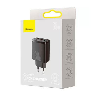 МЗП Baseus Compact Quick Charger 30W QC + PD (1Type-C + 2USB) Black купити