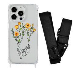 Чехол прозрачный с ремешком Print Leaves для iPhone XR Hands Flower/Black - ash-mobile.com.ua - фото 1