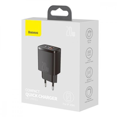 МЗП Baseus Compact Quick Charger 20W QC + PD (1Type-C + 1USB) Black купити
