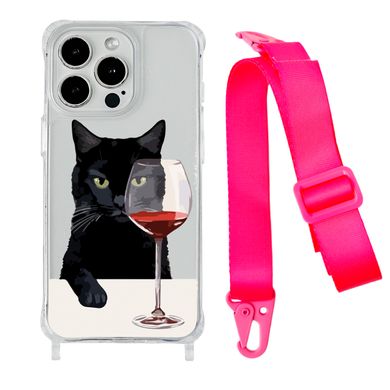 Чохол прозорий з ремінцем Print Mood swings для iPhone 15 Plus Cat Wine/Hot Pink - ash-mobile.com.ua - фото 1