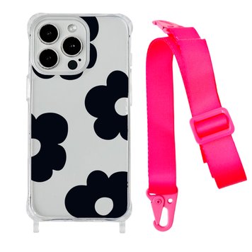 Чехол прозрачный с ремешком Print Flower Color для iPhone 14 PRO Black/Hot Pink - ash-mobile.com.ua - фото 1