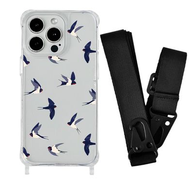 Чохол прозорий з ремінцем Print Happy Nice для iPhone 15 Plus Swallows/Black - ash-mobile.com.ua - фото 1