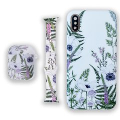 Комплект Beautiful Flowers для iPhone X|XS + Ремінець для Apple Watch 38/40/41 mm + Чохол для AirPods 1|2 Лаванда