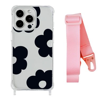 Чехол прозрачный с ремешком Print Flower Color для iPhone 14 PRO Black/Pink - ash-mobile.com.ua - фото 1