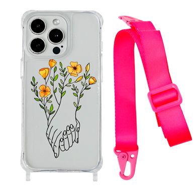 Чехол прозрачный с ремешком Print Leaves для iPhone XR Hands Flower/Hot Pink - ash-mobile.com.ua - фото 1