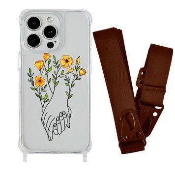 Чехол прозрачный с ремешком Print Leaves для iPhone 15 Plus Hands Flower/Brown - ash-mobile.com.ua - фото 1