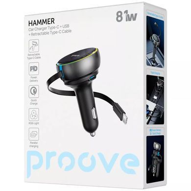 Автомобильное ЗУ Proove Hammer 81W (Type-C + USB) + Retractable Type-C Cable Black - ash-mobile.com.ua - фото 4