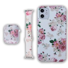 Комплект Beautiful Flowers для iPhone 12 + Ремінець для Apple Watch 38/40/41 mm + Чохол для AirPods 1|2 Ніжні троянди