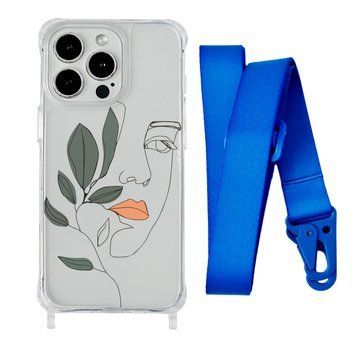 Чохол прозорий з ремінцем Print Leaves для iPhone 14 Plus Face/Blue - ash-mobile.com.ua - фото 1