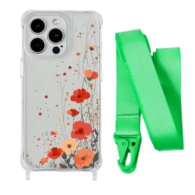 Чохол прозорий з ремінцем Print Flower для iPhone 14 PRO MAX Autumn Blossom/Lime Green - ash-mobile.com.ua - фото 1