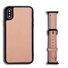 Комплект з натуральної шкіри для iPhone XS MAX + Ремінець для Apple Watch 38/40/41 mm Pink Sand